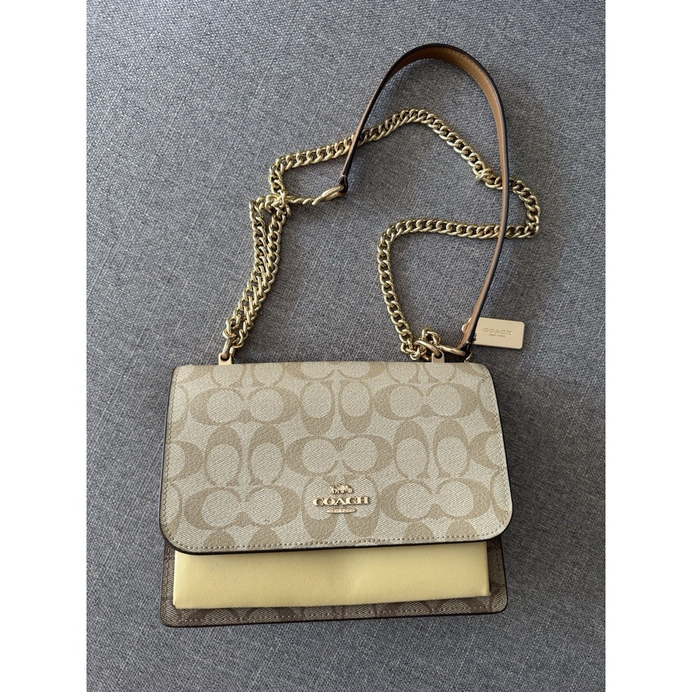 Coach Signature Chain Crossbody Wallet Beige Khaki Yellow Leather Purse